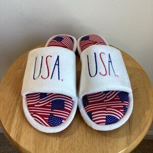 Rae Dunn Patriotic USA Flag Plush Slide Slippers With Red Soles Women's Size L